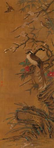 边景昭（款） 繁花锦鸟图 立轴 设色绢本