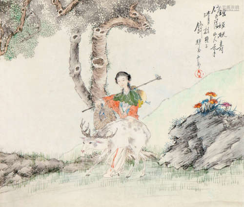 钱慧安（1833～1911） 瑶姬献寿 立轴 设色纸本