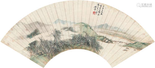 顾麟士（1865～1930） 溪山烟柳 扇片 设色纸本