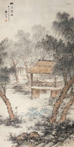 袁松年（1895～1966） 柳溪赏雨图 立轴 设色纸本