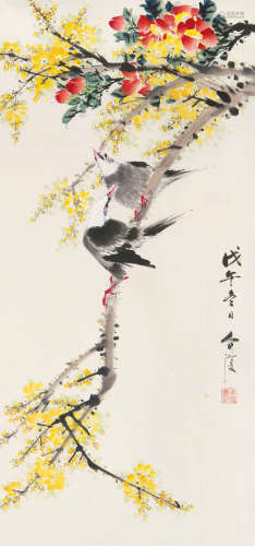 房介复（b.1928） 花鸟 立轴 设色纸本