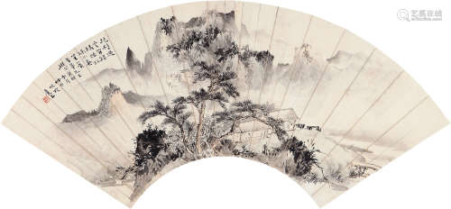顾坤伯（1905～1970） 绝壁松云 扇片连框 设色纸本