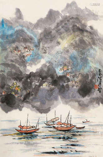 沈柔坚（1919～1998） 竞帆图 立轴 设色纸本