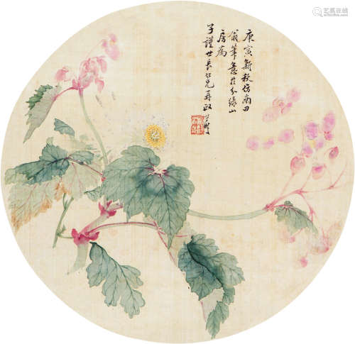 汤世澍（1831～1903） 没骨花卉 团扇片 设色绢本