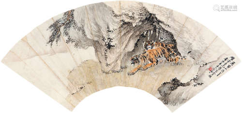 房毅（1889～1979） 虎 扇片连框 设色纸本