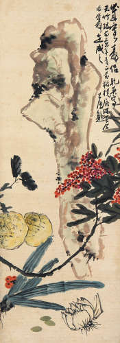 谢公展（1885～1940）  苏乾英（1910～1996）  刘作筹（1911～1993） 年实寿侣 立轴 设色纸本