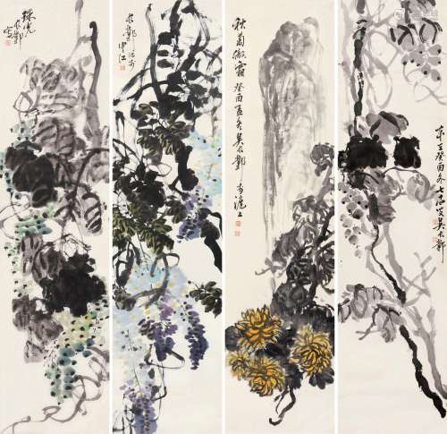吴长邺（1920～2009） 花卉 四屏 设色纸本