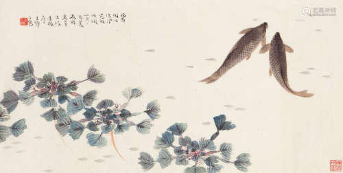 王师子（1885～1950） 菱花游鱼图 镜片连框 设色纸本