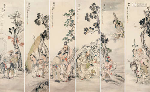 沈心海（1855～1941） 人物故事图 镜片六屏 设色纸本