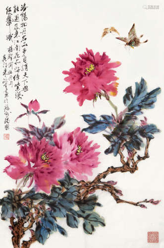 朱欣生（b.1929） 花蝶 镜片 设色纸本