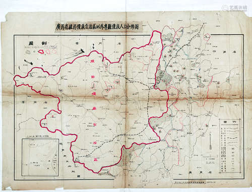 广西省桂西壮族自治区以外专县壮族人口分布图 镜心 纸本