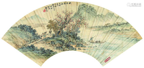 袁松年（1895～1966） 乙酉(1945年)作 秋岸归渔图 扇面镜心 设色纸本