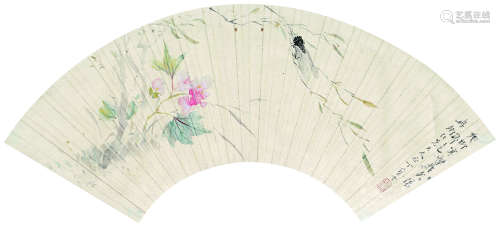 丁宝书（1866～1937） 秋深蝉鸣图 扇面镜心 设色纸本