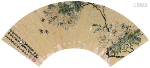 居廉（1828～1904） 丁丑(1877年)作 蜂涌富贵图 扇面镜心 设色洒金纸本
