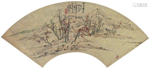汤贻汾（1778～1853） 辛亥(1851年)作 寒林萧寺图 扇面镜心 设色洒金纸本