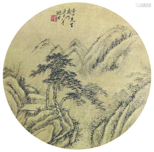 戴熙（1801～1960） 庚子(1840年)作 高山劲松图 团扇镜心 水墨泥金绢本