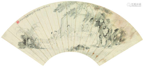蒋筹 清·光绪 丙子(1876年)作 闲庭文会图 扇面镜心 水墨纸本
