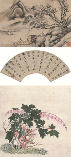 林纾（1852～1924）  李锡恭（清·嘉道）  佚名（清） 花卉 扇面三挖立轴 设色纸本 水墨纸本