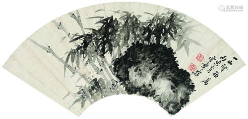 罗朝汉（1868～1935） 丙寅(1926年)作 竹石图 扇面镜心 水墨纸本