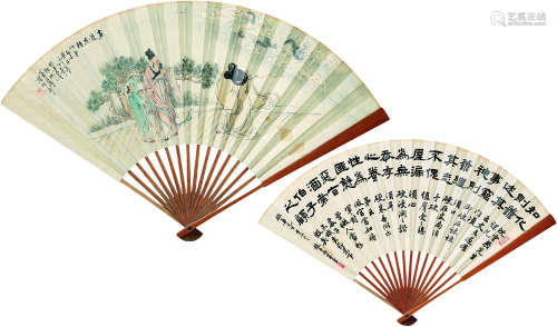 李苍石（1837～1922）  赵贞伯（近代） 壬午(1882年)作 画龙点睛图 临帖两种 成扇 设色纸本