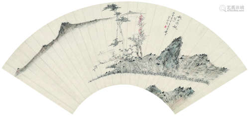 巢章甫（1910～1954） 秋江渔艇图 扇面镜心 设色纸本