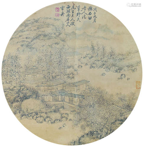 释雪舟（1846～1896） 戊子(1888年)作 幽溪水榭图 团扇镜心 设色纸本