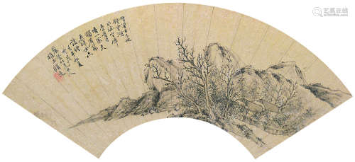 顾逵 清·嘉道 壬午(1822年)作 古木丛篁图 扇面镜心 水墨撒金纸本