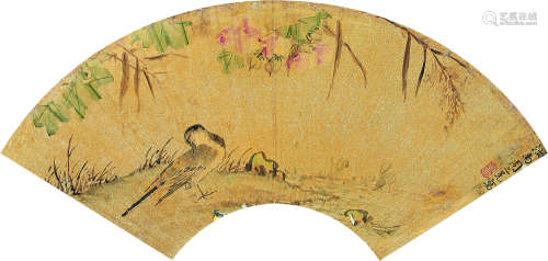 周之冕（1521～？） 花间闲憩图 扇面镜心 设色红金纸本