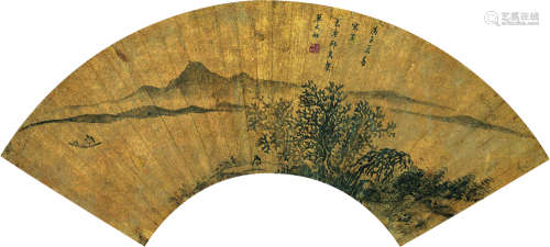 单文相（1602～？） 庚子 1660年作 孤帆远影图 扇面镜心 水墨红金纸本