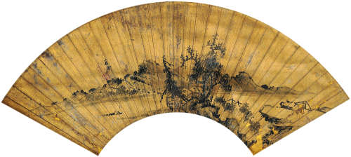 蔡含（1641～1686） 茅亭秋色图 扇面立轴 水墨红金纸本