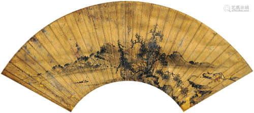蔡含（1641～1686） 茅亭秋色图 扇面立轴 水墨红金纸本