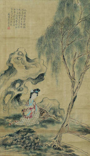 蒋莲（1796～?） 癸巳（1833年）作 柳岸弄萧图 立轴 设色绢本