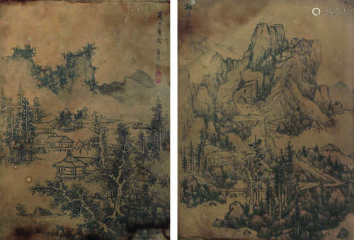 蓝瑛（1585～1664）（款） 山水二帧 镜心 水墨绢本