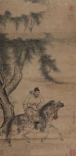 赵孟頫（1254～1322）（款） 柳荫策马图 立轴 设色纸本