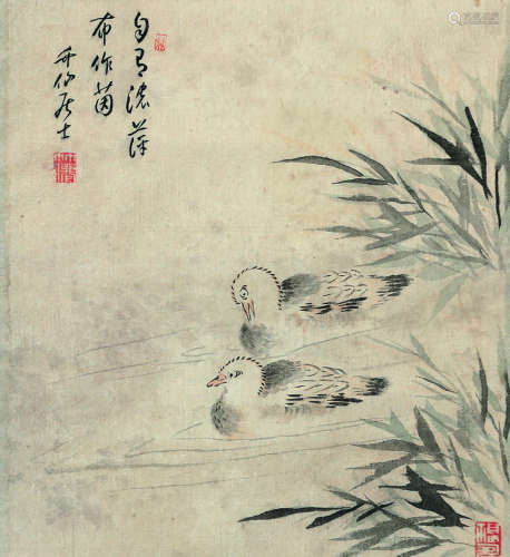 西田泰（1879～?） 鸳鸯戏水图 立轴 设色绢本
