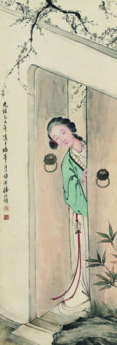 潘振镛（1852～1921） 光绪己亥（1899年）作 人面桃花相映红 立轴 设色纸本