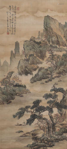 金达清 庚寅（1950年）作 溪山泛舟图 立轴 设色绢本