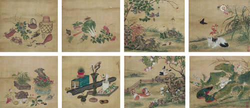 董诰（1740～1818） 花鸟清供小品对屏 立轴 设色绢本