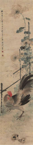 改琦（1773～1828） 丁未（1787年）作 篱下护雏图 立轴 设色纸本
