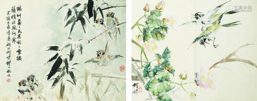 何煜（1852～1928） 光绪壬辰 1892年作 花鸟 （二帧） 册页 设色绢本