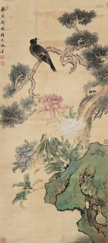 黄山寿（1855～1919 ） 富贵八哥图 立轴   设色纸本