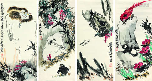 梁崎（1909～1996） 丁已 1977年作 指画花鸟 四屏镜心 设色纸本