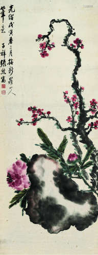 张熊（1803～1886） 光绪戊寅 1878年作 阳春三月图 立轴 设色纸本