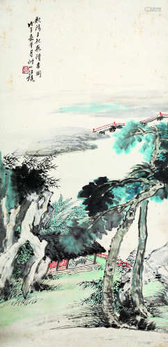 汪琨（1877～1946） 戊子 1948年作 秋夜读书图 立轴 设色纸本