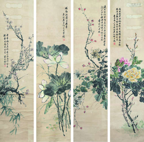 吴祖桢（1855～？） 壬子 1912年作 四季花鸟联屏 立轴 设色纸本