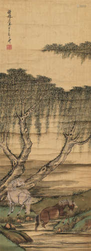 王礼（1813～1879） 柳溪浴马图 立轴 设色绢本