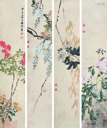 顾宝珊（1845～1894） 甲午 1894年作 花卉四屏 立轴 设色绢本