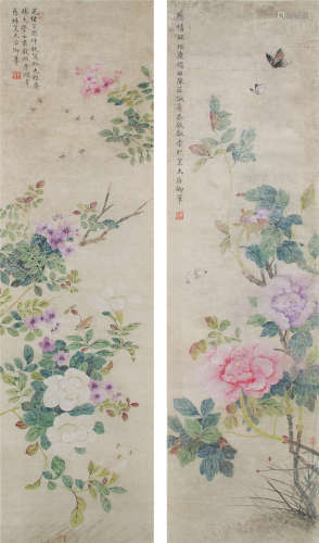 清 慈禧（1835—1908） 花卉对屏 纸本设色 立轴