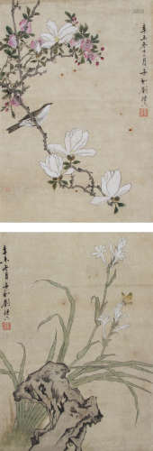 清 刘德六（1806—1875） 花鸟二开 纸本设色 立轴