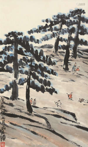 齐白石（1864～1957） 1928年作 松林戏凌图 立轴 设色纸本
